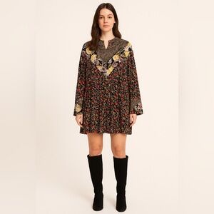Free People Floral Boho Tunic Dress Black Multicolor Rayon Long Sleeve S/M